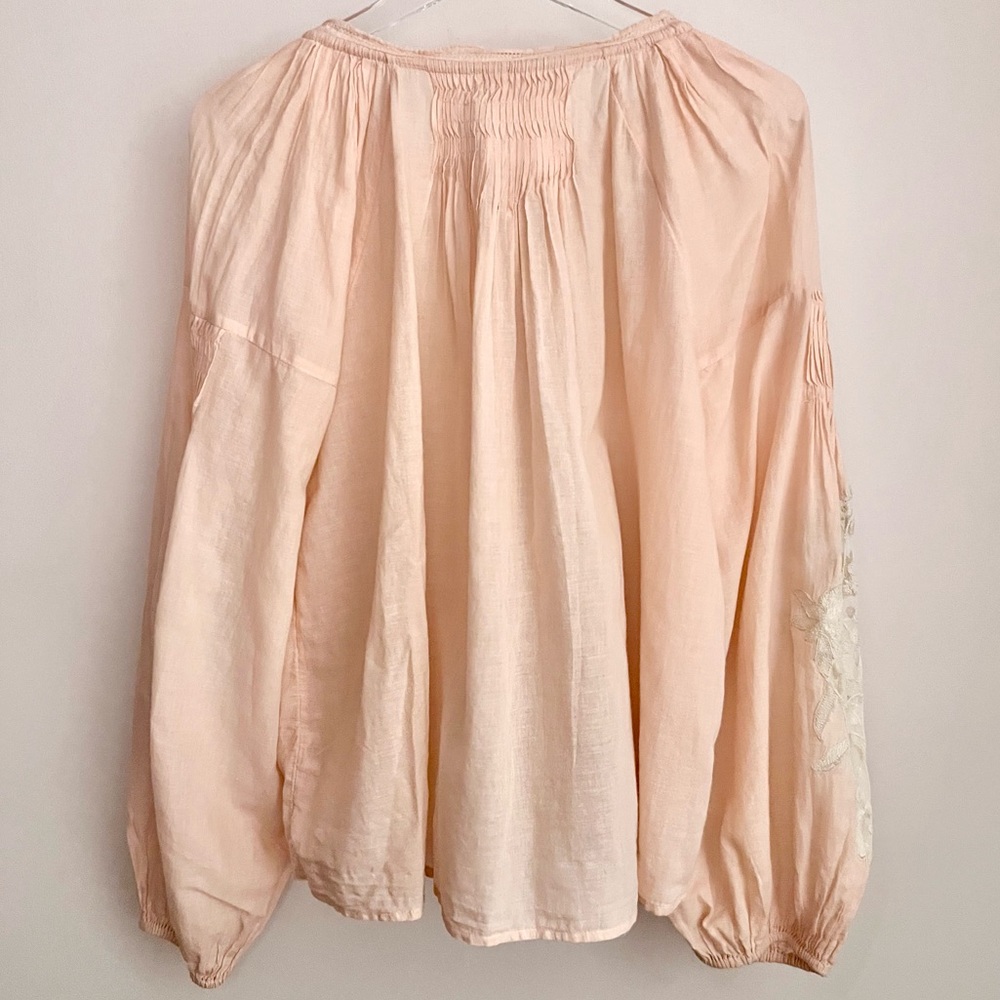 Free People Pale Peach Embroidered Lightweight Cotton Peasant Blouse - Picture 11 of 16